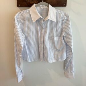 Good American Cotton Poplin Cropped Shirt in Blue Stripe XS